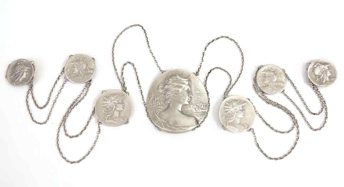 Appraisal: UNGER BROTHERS DIANE ART NOUVEAU STERLING BELT medallions in the