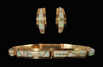 Appraisal: Gold and opal bracelet and earrings inlaid with white opals