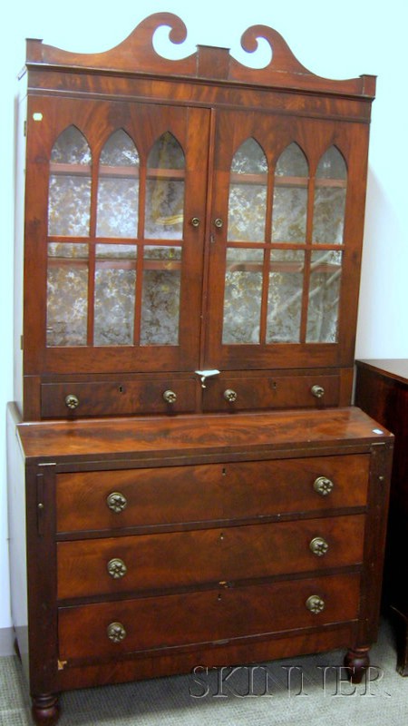 Appraisal: Late Federal Glazed Mahogany and Mahogany Veneer Writing Desk Bookcase