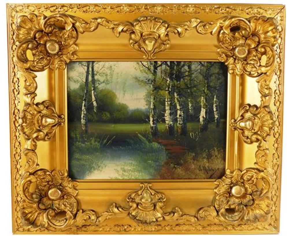 Appraisal: Andrew Millrose British th-century framed oil painting depicting forest landscape