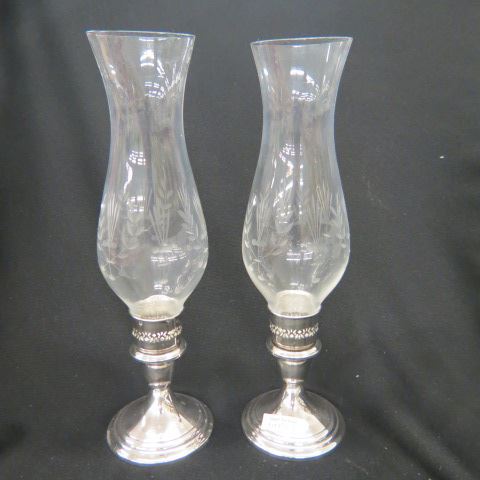 Appraisal: Pair of Gorham Sterling Silver Hurricane Lamps etched globes weighted