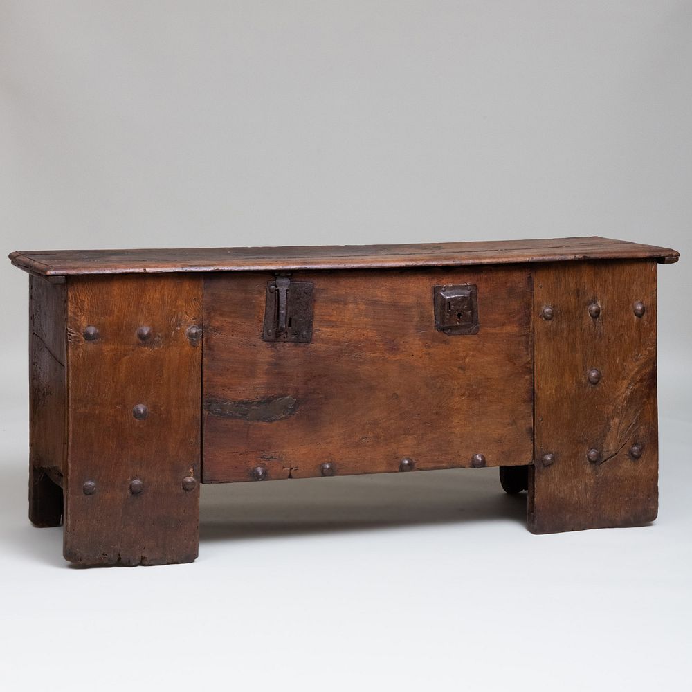 Appraisal: German Iron-Studded Oak 'Stollentruhe' Chest Westphalia Opening to a welled