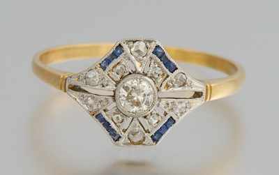 Appraisal: An Art Deco Style Diamond and Sapphire Ring k yellow