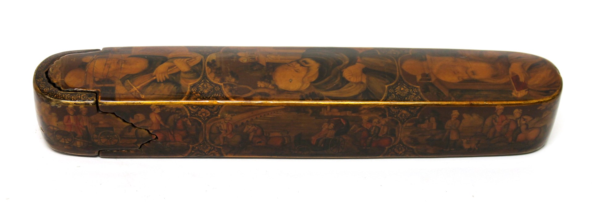 Appraisal: A Qajar lacquered papier mache pencase Qalamdan inscribed Shah Najaf