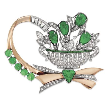 Appraisal: Rose Gold Platinum Emerald and Diamond Brooch Estimate -