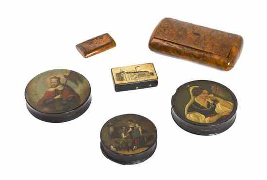 Appraisal: Three Lacquered Patch Boxes each decorated with figural scenes together