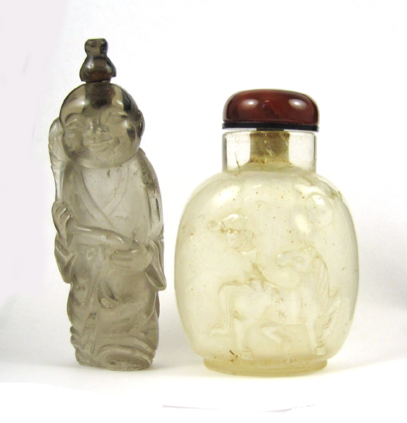 Appraisal: TWO CHINESE CARVED PEKING GLASS SNUFF BOTTLES figural bottle of