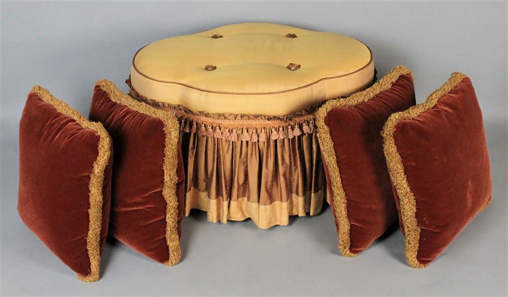 Appraisal: DESIGNER GOLD UPHOLSTERED TUFTED QUATREFOIL OTTOMAN TOGETHER WITH FOUR FRINGED