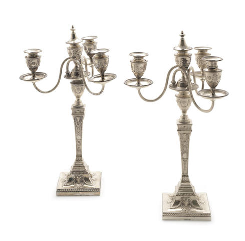 Appraisal: A pair of Victorian silver three-branch candelabra in the Adam's