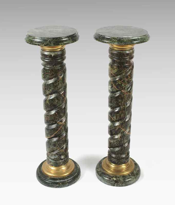 Appraisal: PAIR OF GREEN MARBLE PEDESTALS Attached round molded top and