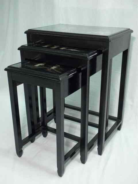 Appraisal: Three Chinese black lacquer and hardstone nesting tables Each hardwood