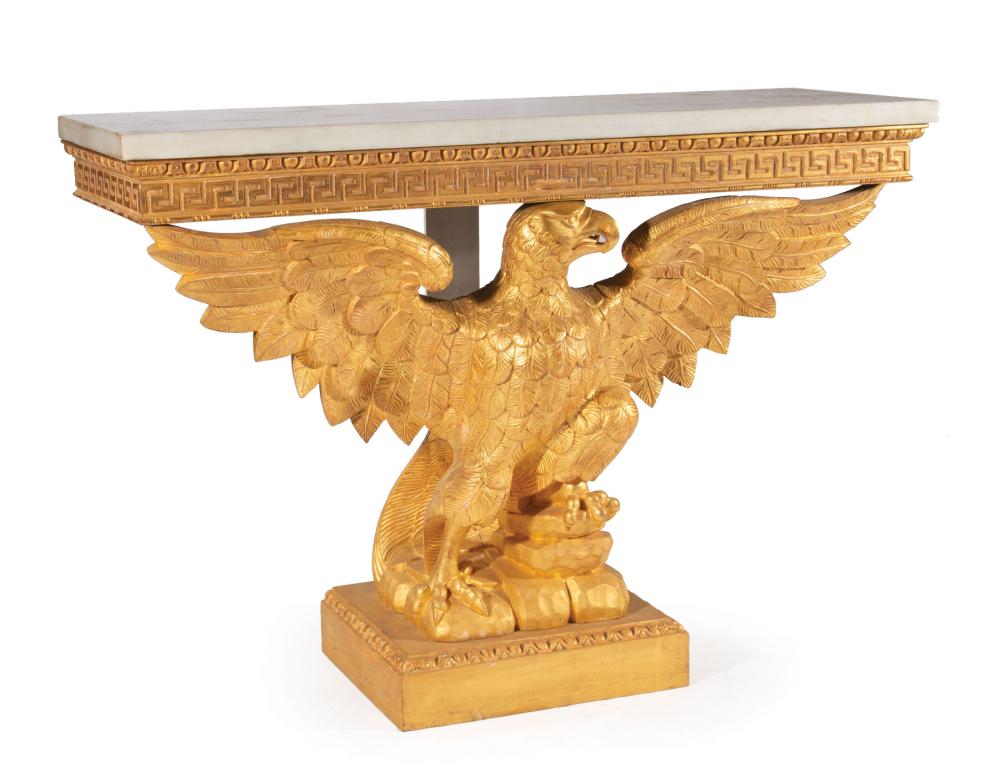 Appraisal: Pair of Continental Giltwood Spreadwing Eagle Consoles each with marble