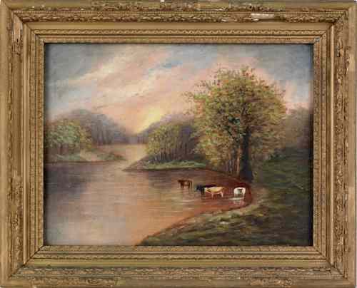 Appraisal: Two oil on canvas landscapes one with cows th c