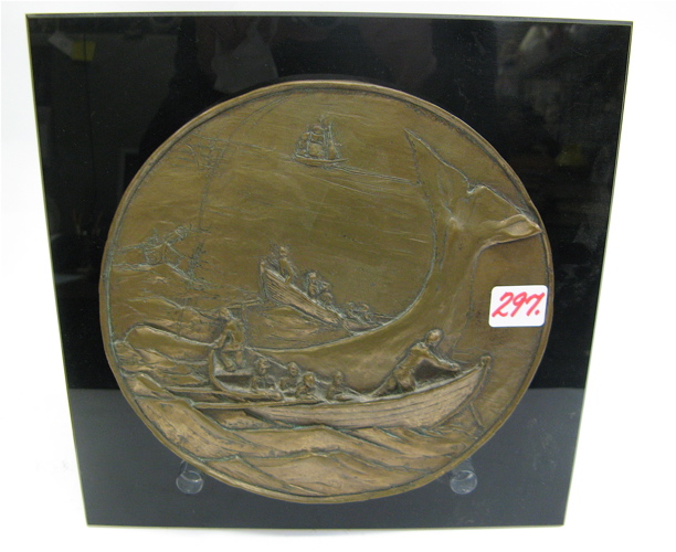 Appraisal: BRONZE-FINISHED RESIN WHALING SCENE PLAQUE in raised relief with three