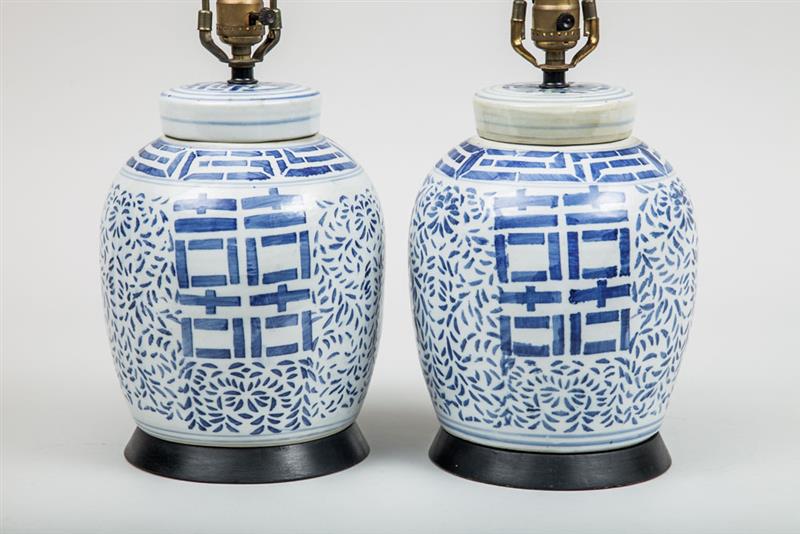 Appraisal: Pair of Chinese Blue and White Jar-Form Lamps Overall x