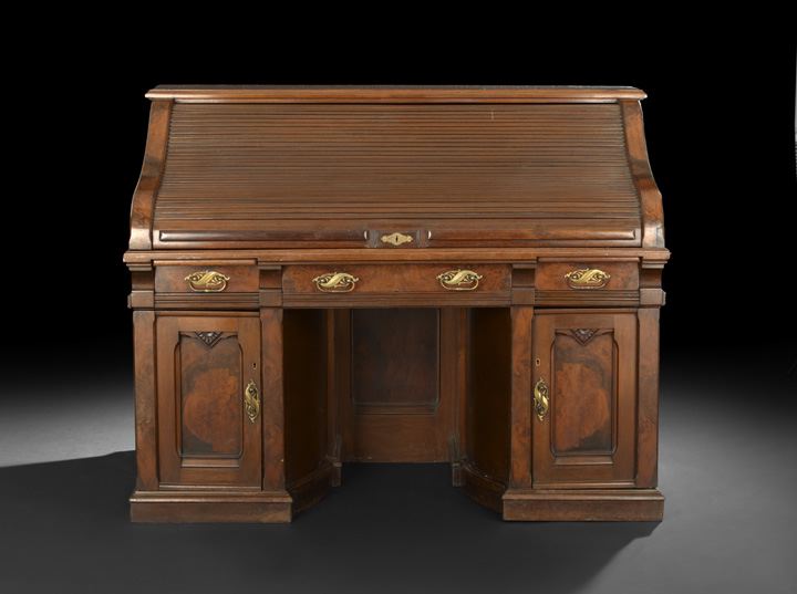 Appraisal: American Renaissance Revival Burled Walnut and Walnut Roll-Top Desk with