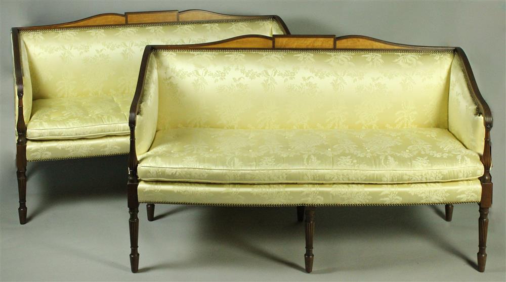 Appraisal: PAIR OF KITTINGER FEDERAL STYLE INLAID MAHOGANY SETTEES UPHOLSTERED IN