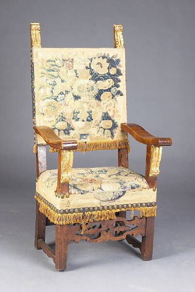 Appraisal: An Italian Renaissance parcel gilt walnut and tapestry upholstered armchair