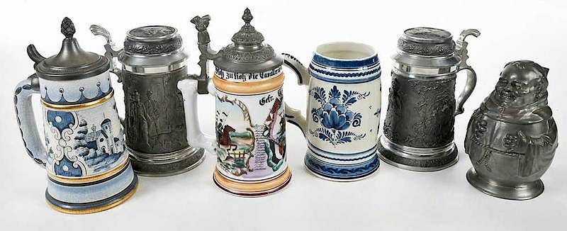 Appraisal: Six Pewter and Ceramic Steins two similar relief decorated in