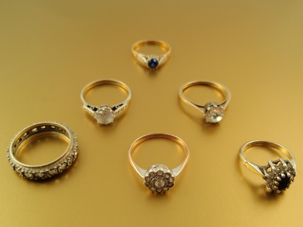 Appraisal: Six dress rings mainly gold plated on silver