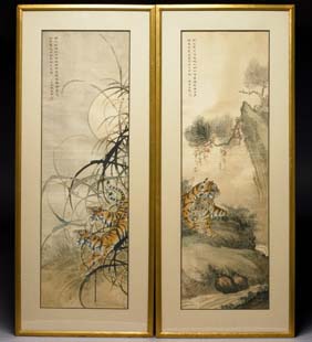 Appraisal: PAIR JAPANESE SILK SCROLLS Pair Japanese painted silk scrolls each