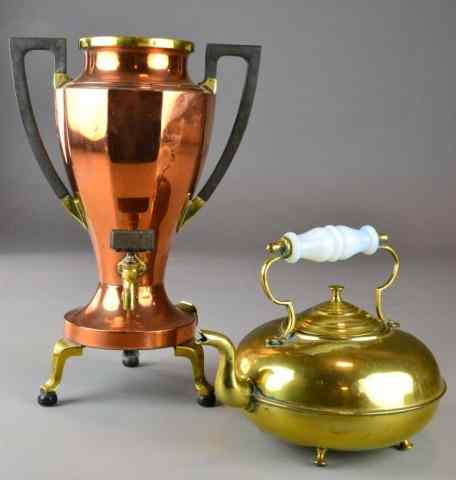 Appraisal: COPPER TEA URN AND BRASS TEA POTIncluding a copper trophy