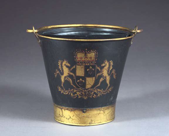 Appraisal: English Parcel-Gilt Tole-Peinte Kindling Bucket in the Georgian style the