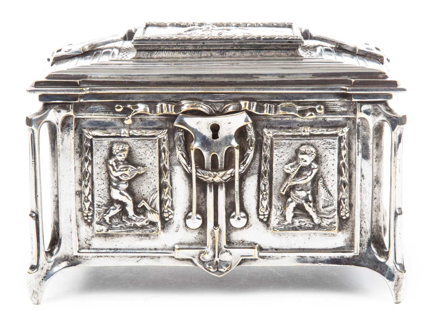 Appraisal: Art Nouveau nickel-plated brass jewelry casket early th century with