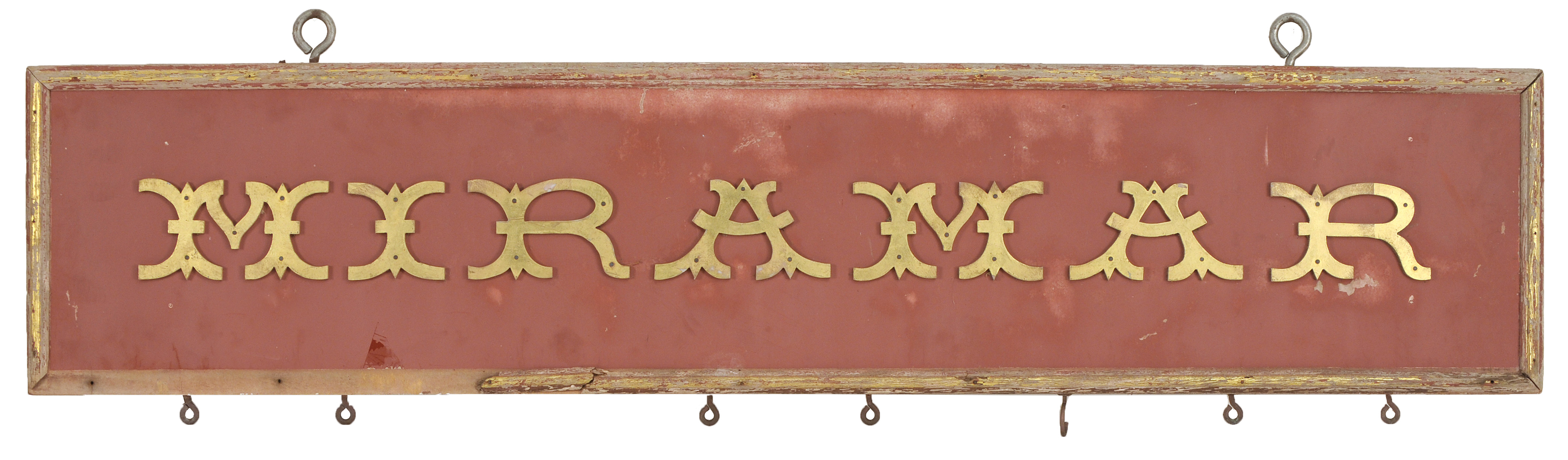 Appraisal: FRAMED WOOD QUARTERBOARD-STYLE SIGN MIRAMAR Gilt letters on a faded