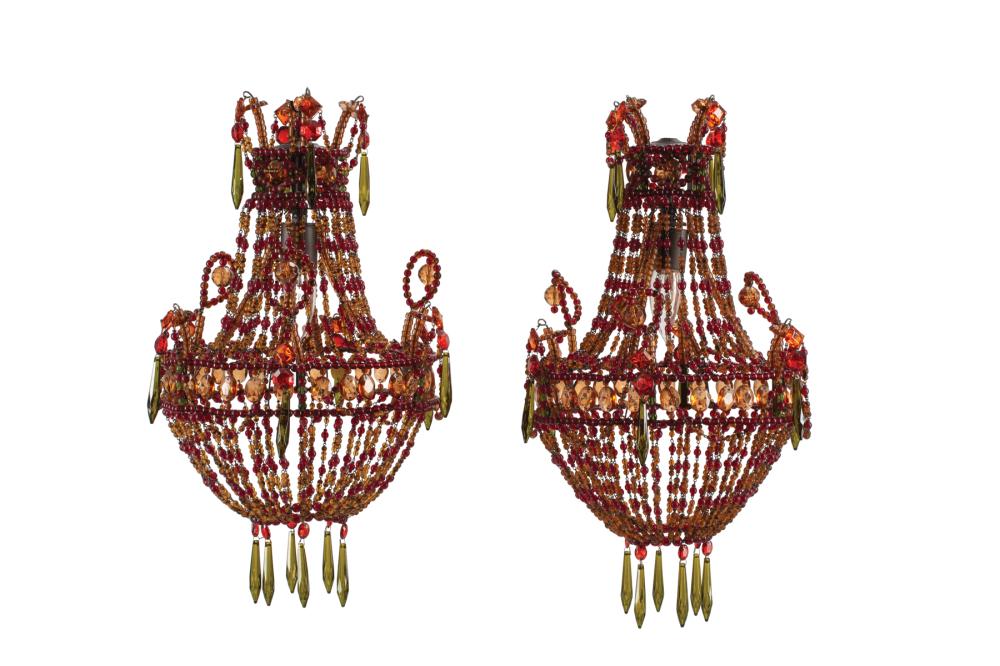 Appraisal: Pair of Diminutive Continental Amber and Ruby Glass Chandeliers cage