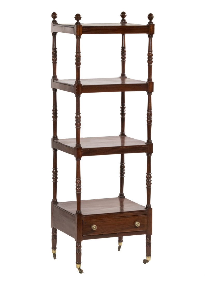 Appraisal: MAHOGANY ETAGERE th c Four-Tiered Etagere four open shelves cockbeaded