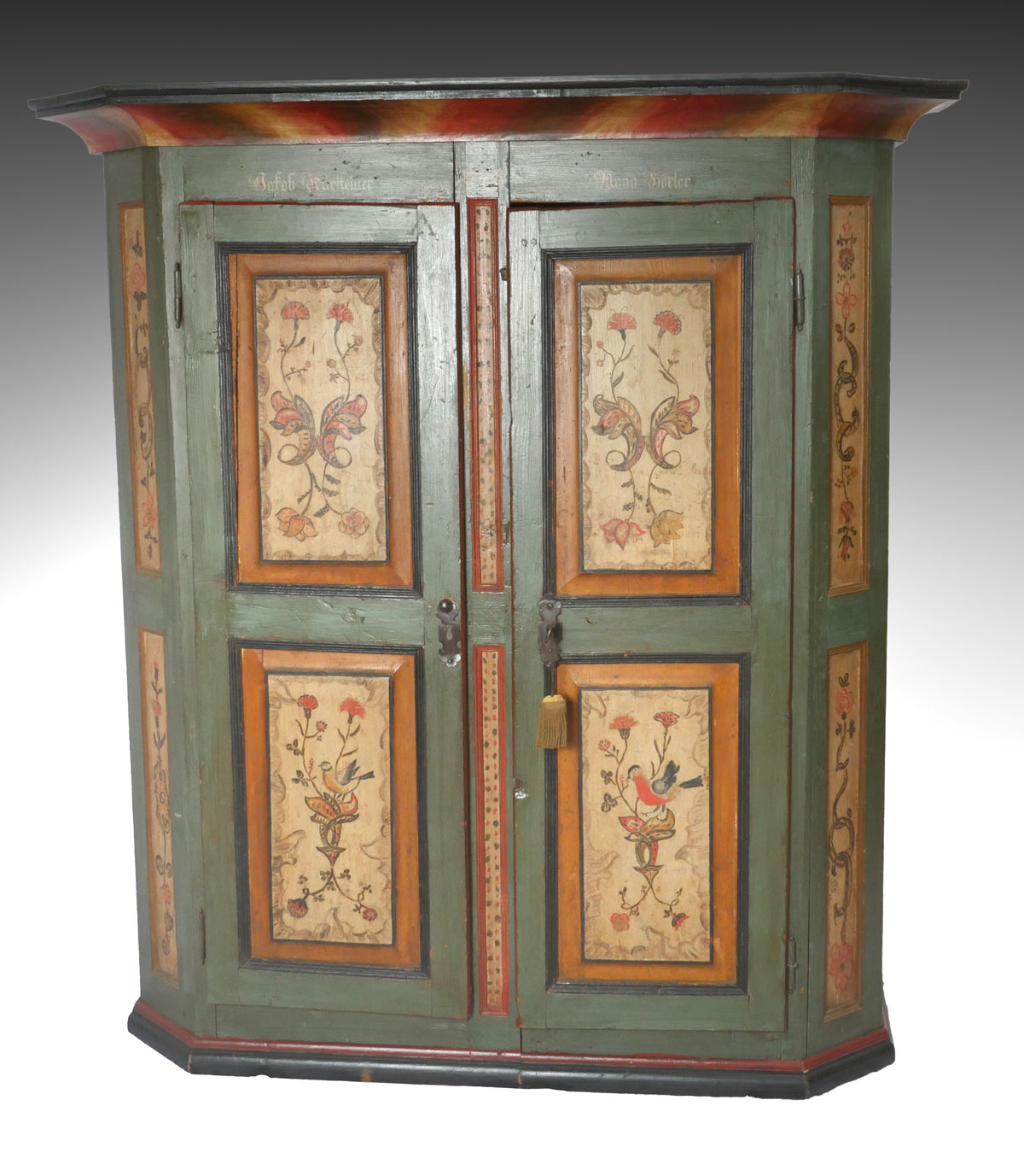 Appraisal: TH CENTURY POLYCHROME DECORATED SHRANK Dated This armoire or schrank