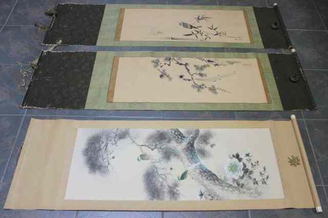 Appraisal: Asian Scroll Lot Includes Chinese painted scrolls Two scrolls with