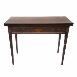 Appraisal: Sheraton One-drawer mahogany game table with stringing inlay and figural