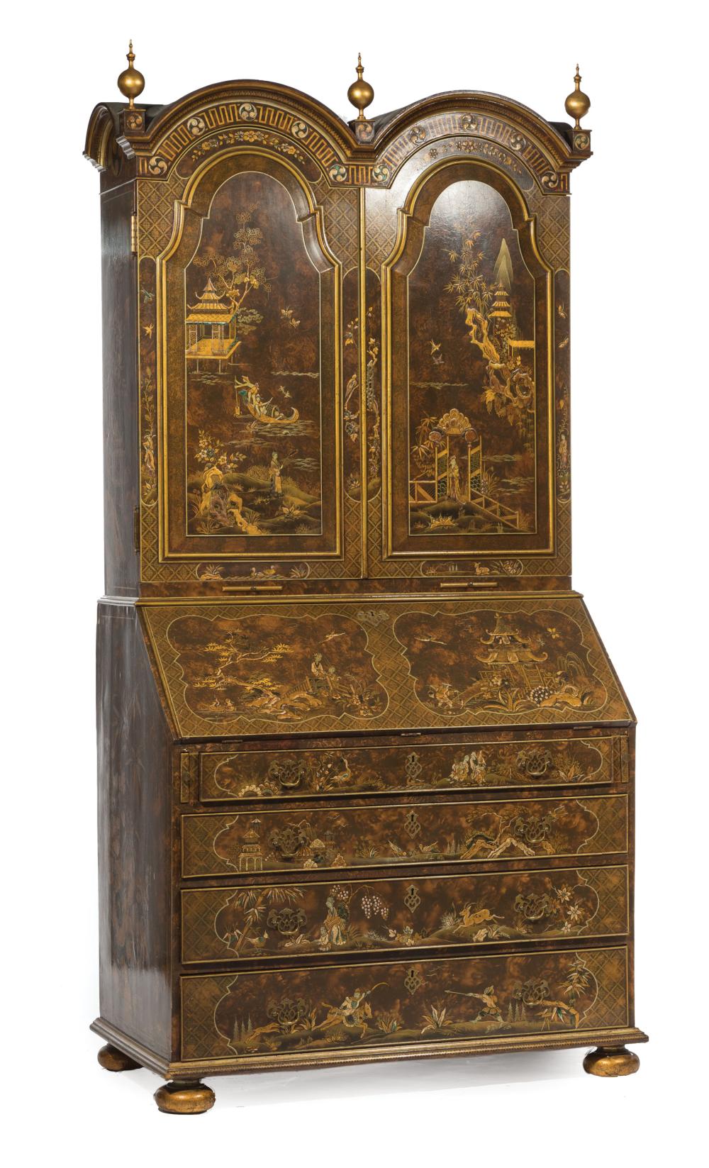 Appraisal: Georgian-Style Chinoiserie Secretary Bookcase upper case with double dome crest