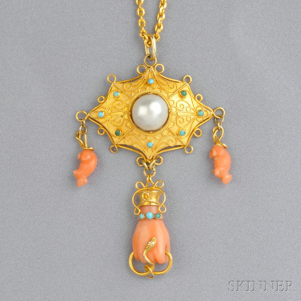 Appraisal: kt Gold Coral and Turquoise Pendant purchased at V Holmstrup