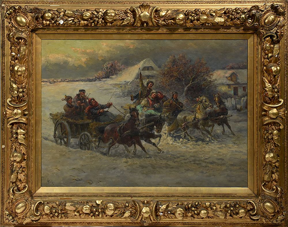 Appraisal: Polish Russian oil on canvas of troika wedding party in