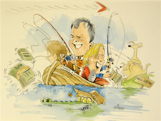 Appraisal: Martin Fish original golf cartoon Greg Norman and others fishing