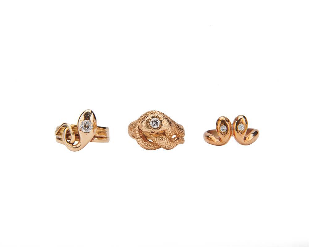 Appraisal: Three Gold and Diamond Snake Rings two in k yellow