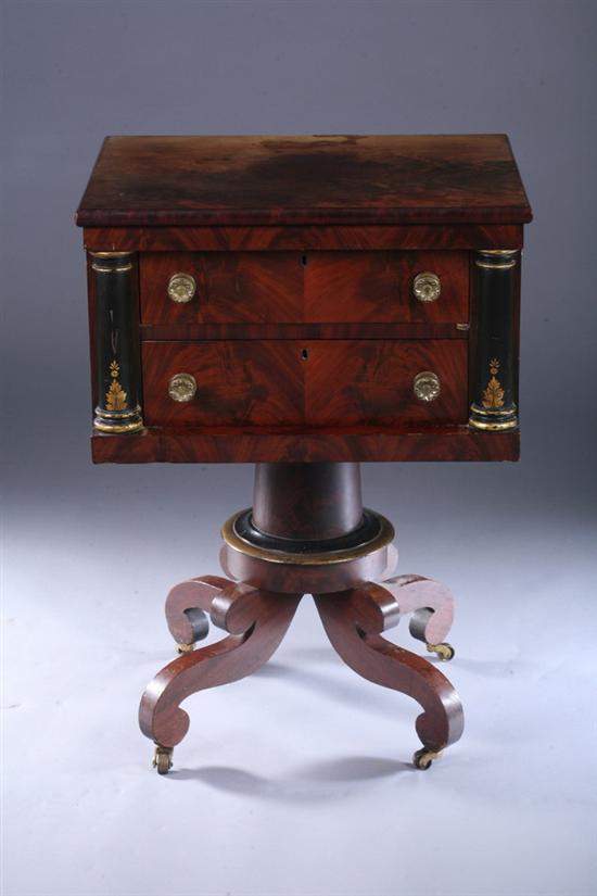 Appraisal: AMERICAN EMPIRE MAHOGANY SWIVEL-BASE WORK TABLE th century with painted