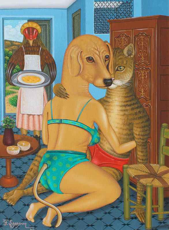 Appraisal: LAMOUR Fritzner Haitian th C Dog and Cat Lovers OIL