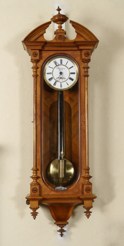 Appraisal: RICHARD HERTAN VIENNA REGULATOR CLOCK Walnut case with broken arch