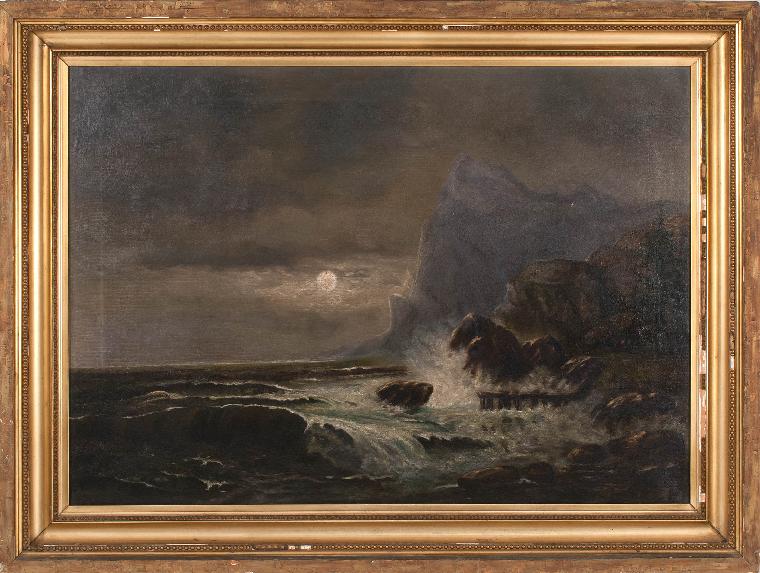 Appraisal: FRAMED PAINTING ARTIST UNKNOWN American Late th CenturyA moonlit coast