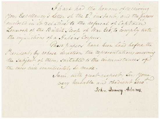 Appraisal: PRESIDENTS -- ADAMS John Quincy Letter signed to an unnamed