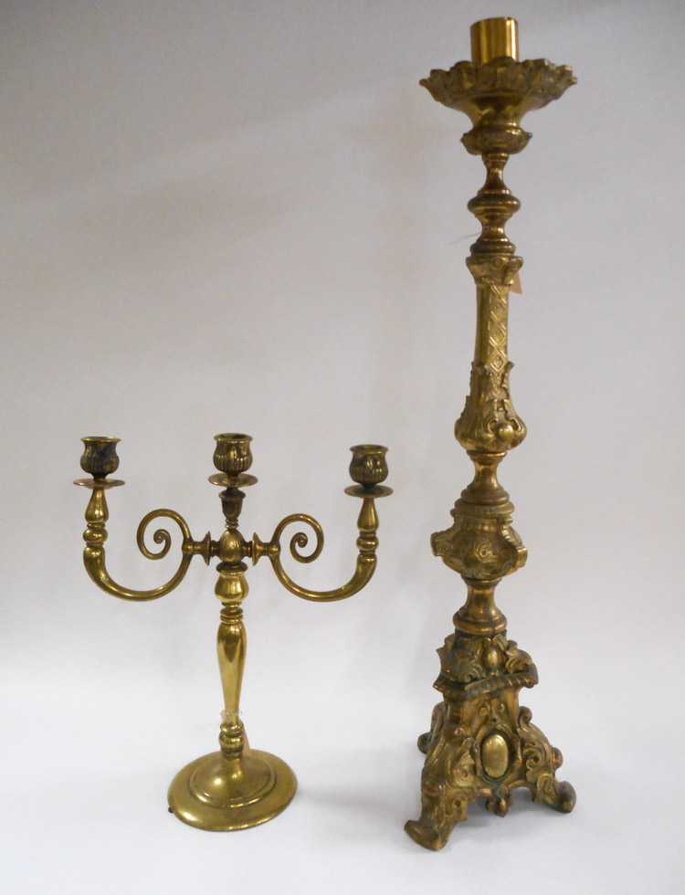 Appraisal: CAST BRASS FLOOR CANDLESTICK AND CANDELABRUM H floor candlestick H