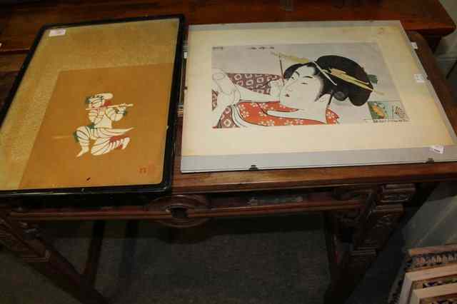 Appraisal: A JAPANESE 'S WOODBLOCK PRINT of a flautist signed with