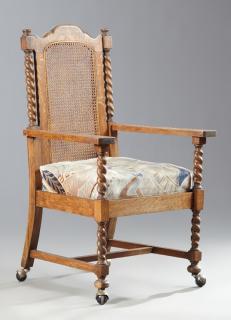 Appraisal: Arts and Crafts Carved Oak Cane Back Armchair c the