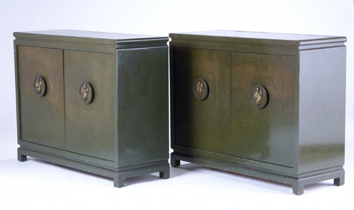 Appraisal: JAMES MONT Pair of green-lacquered two-door chests with carved pulls