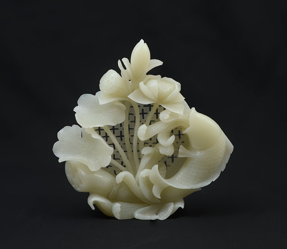 Appraisal: CARVED WHITE AGATE FISH WATER LILIES FIGURAL GROUP Carved white