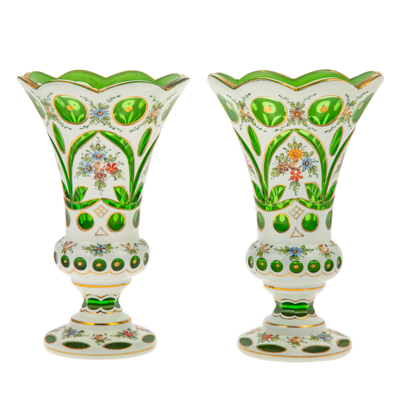 Appraisal: A PAIR OF BOHEMIAN CALCITE CUT TO EMERALD GLASS VASES